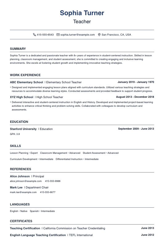 Teacher Resume Resume Template