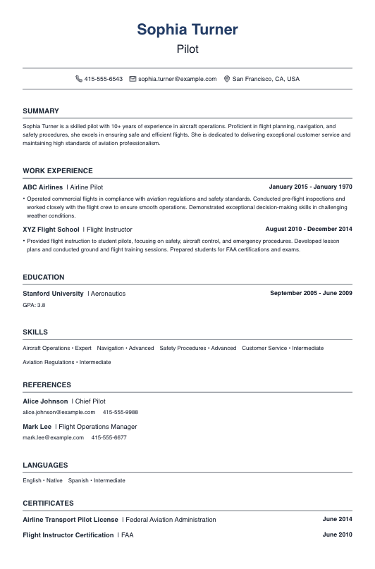 Pilot Resume Resume Template