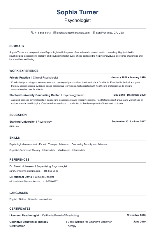 Psychologist Resume Resume Template