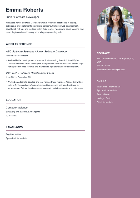 Junior Software Developer Resume With Summary Resume Template