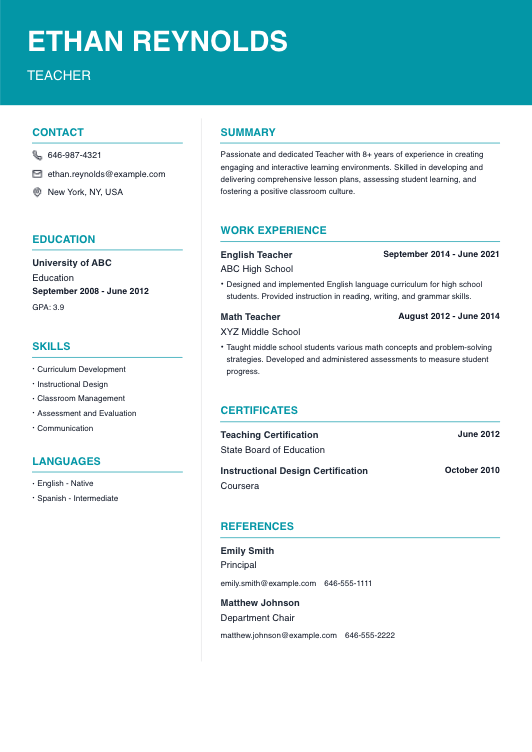 Simple Professional Teacher Resume Resume Template