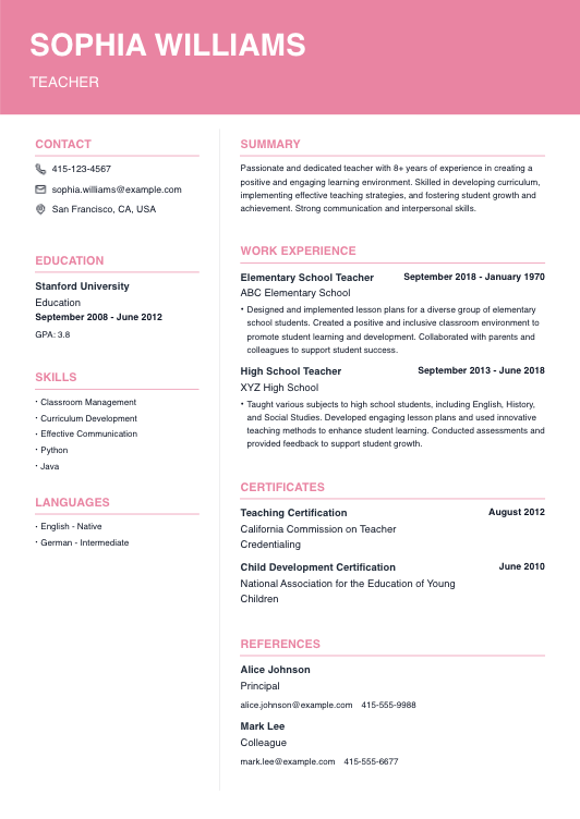 Teacher Resume Resume Template