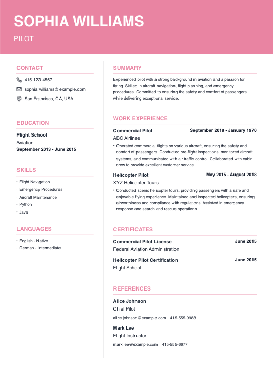 Pilot Resume Resume Template