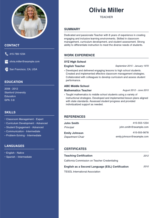 Teacher Resume Resume Template