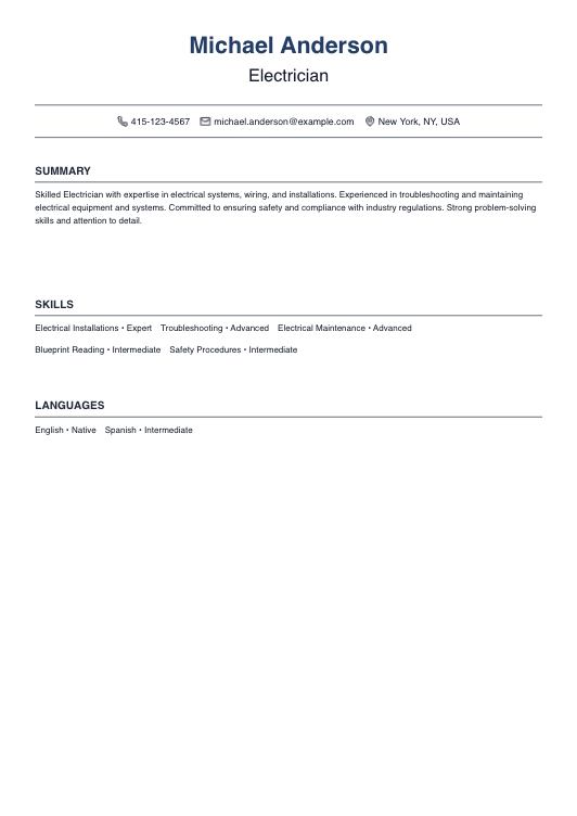 No Experience Electrician Resume Resume Template