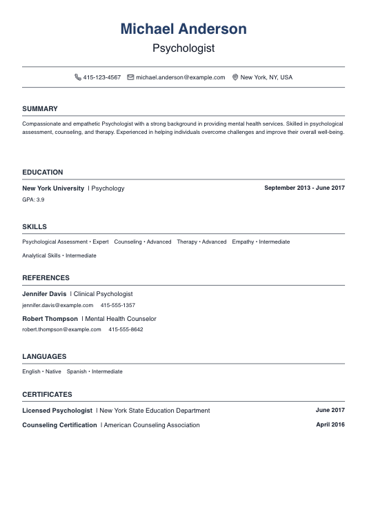 Psychologist Resume - No Experience Resume Template