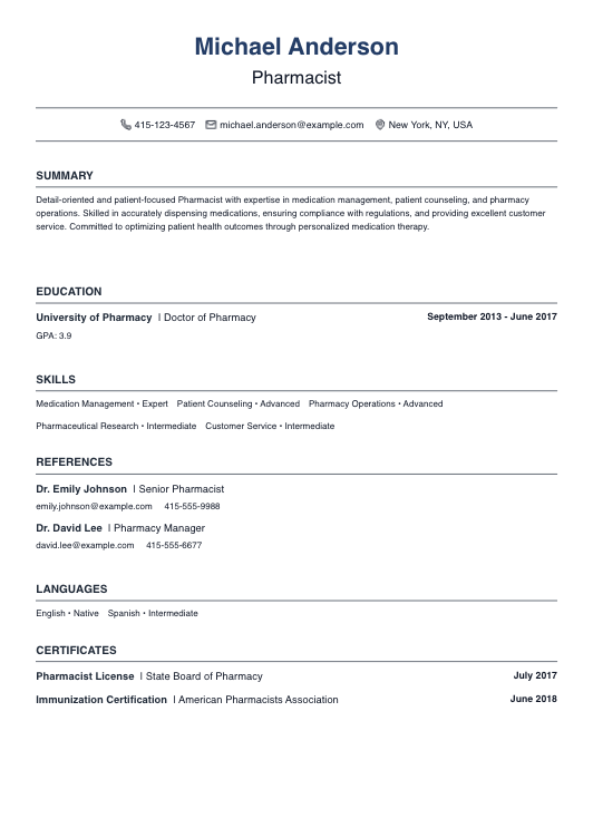 Pharmacist Resume Resume Template