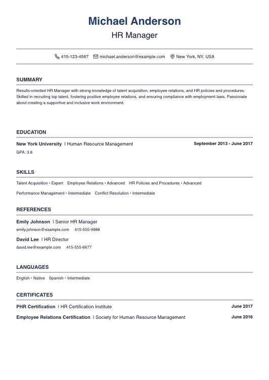 No Experience HR Manager Resume Resume Template